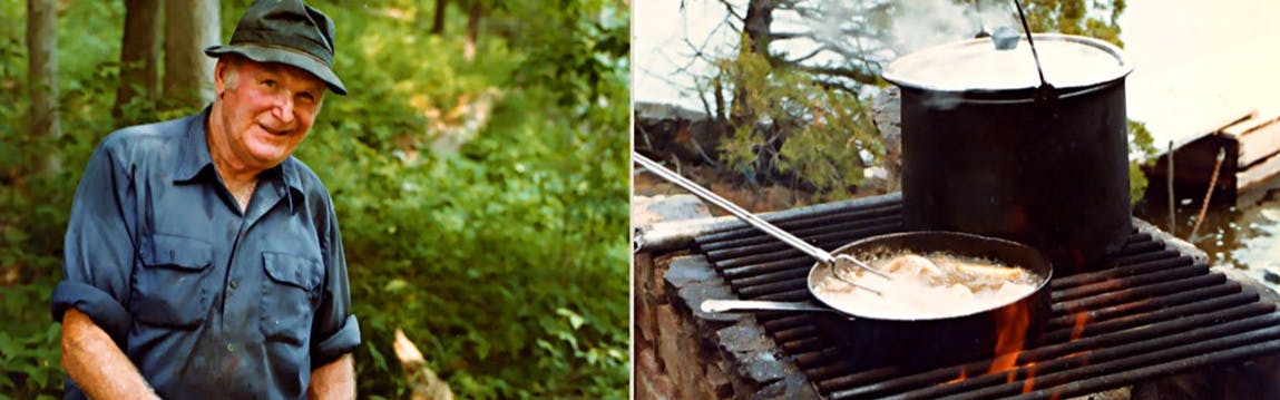 Two photos, on the left is a man wearing a fishing hat and shirt smiling, on the right is a pan on an outdoor stove cooking some fish.