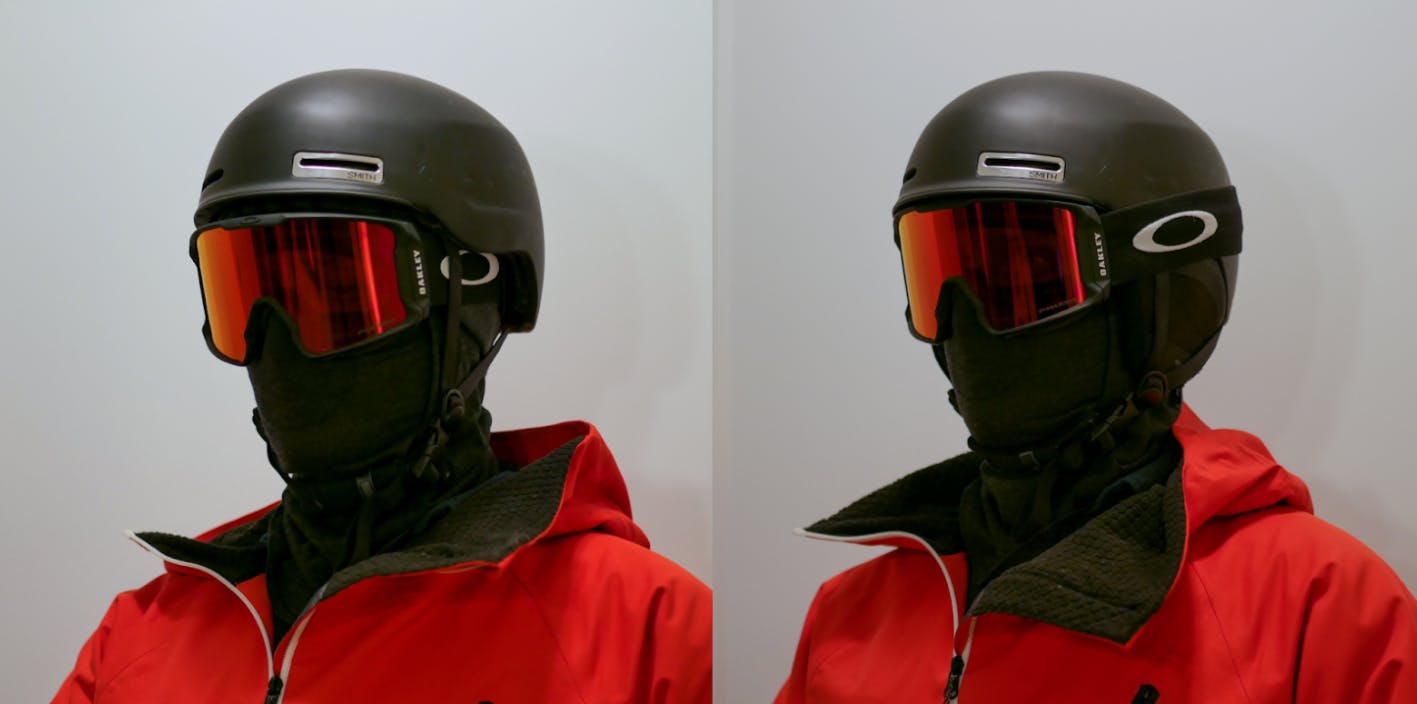 Two photos of a skier with a helmet and goggles. On the left the skier has his goggles under his helmet and on the right the skier has his goggles over his helmet. 