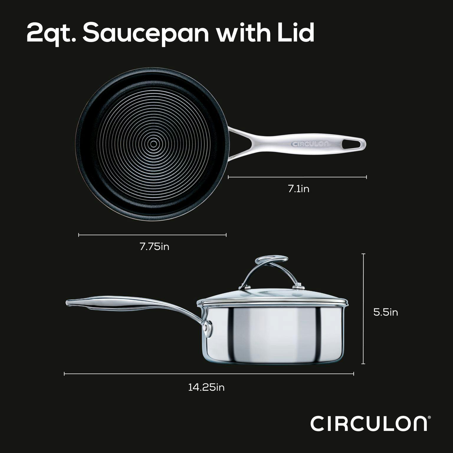 Circulon Clad Stainless Steel Induction Saucepan with Glass Lid and Hybrid SteelShield and Nonstick Technology, 2-Quart, Silver