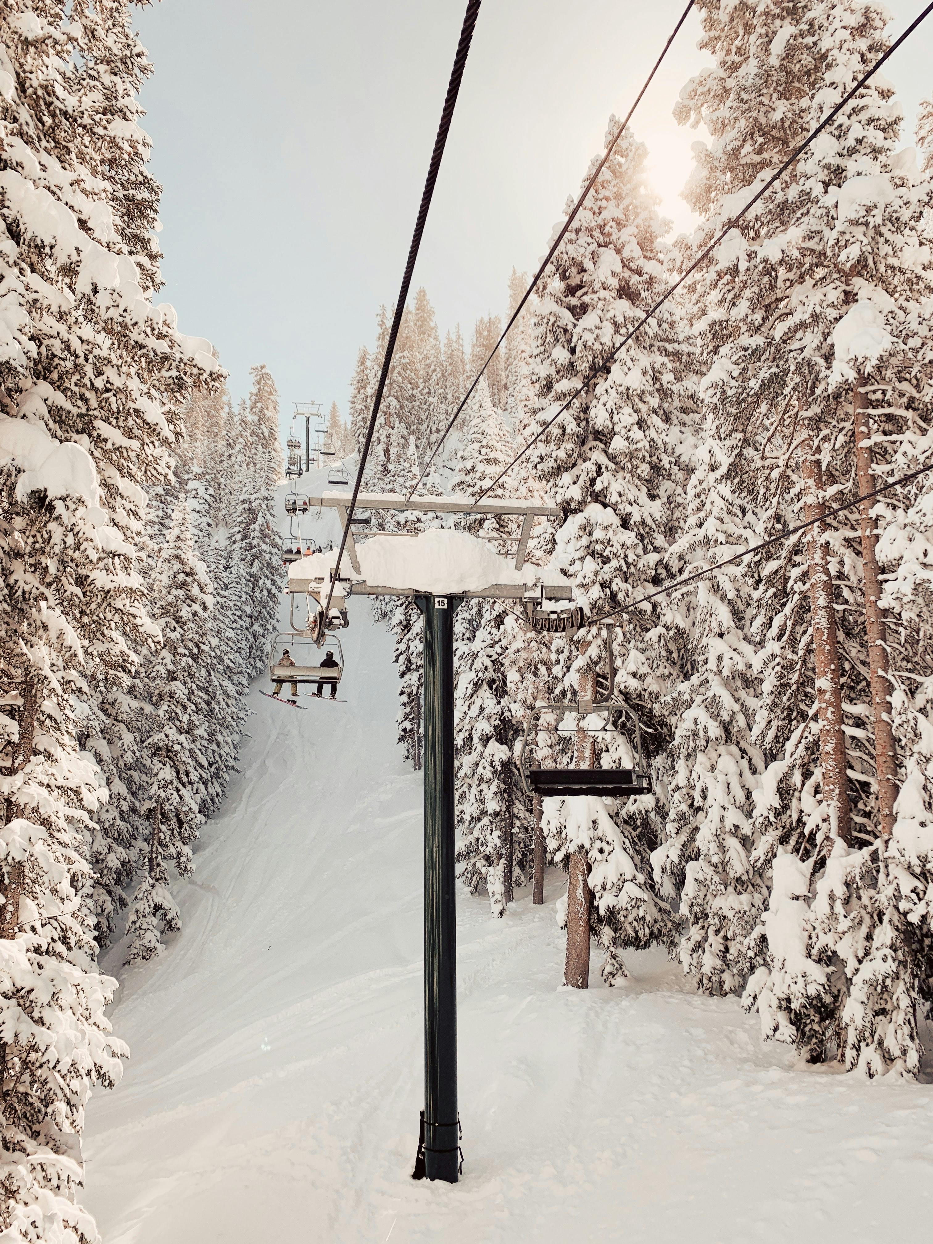A chairlift works its way up the hill between snowy trees