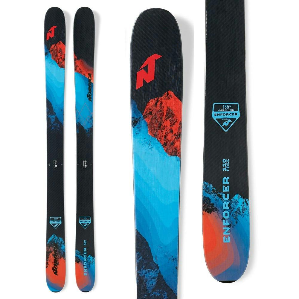 A pair of black, blue, and red skis labelled as Nordica Enforcers