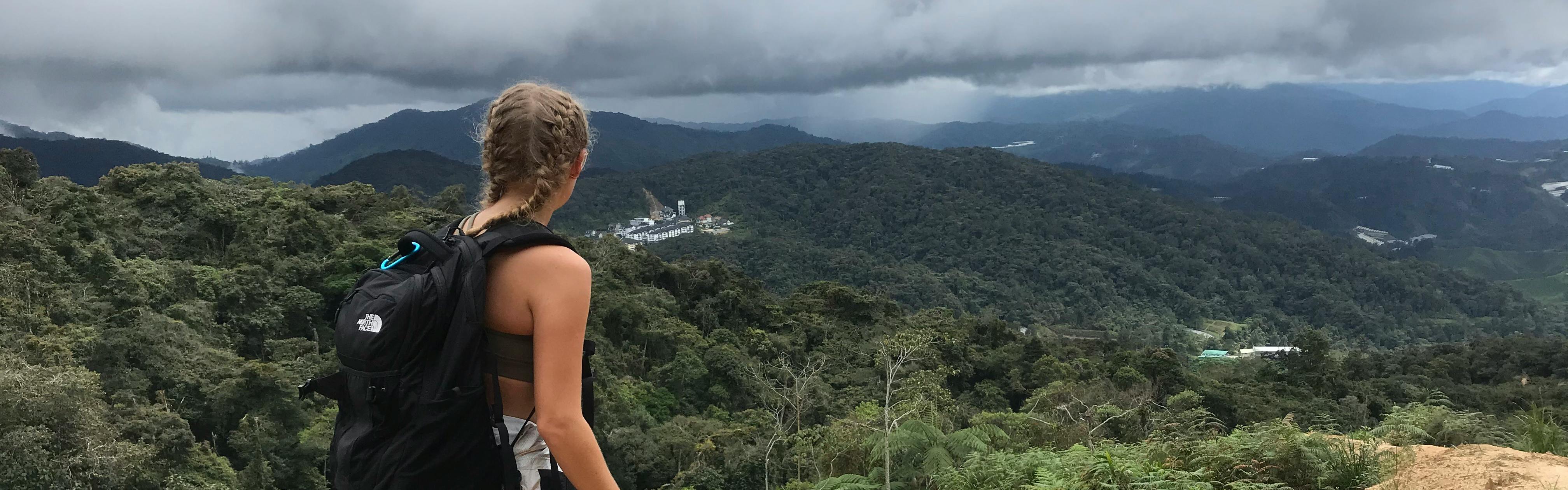 A woman with blonde braids and a backpack looks out at rolling hills and rainforest