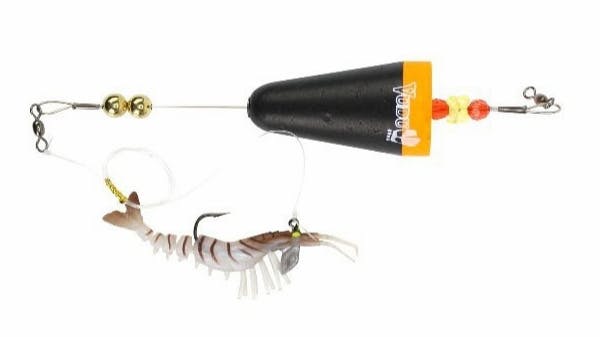 Product image of a popping cork lure with a Vudu shrimp attached. 