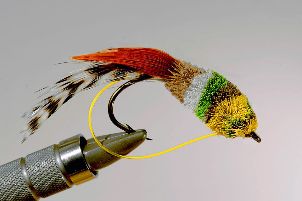A multi-colored sculpin made with deer hair.
