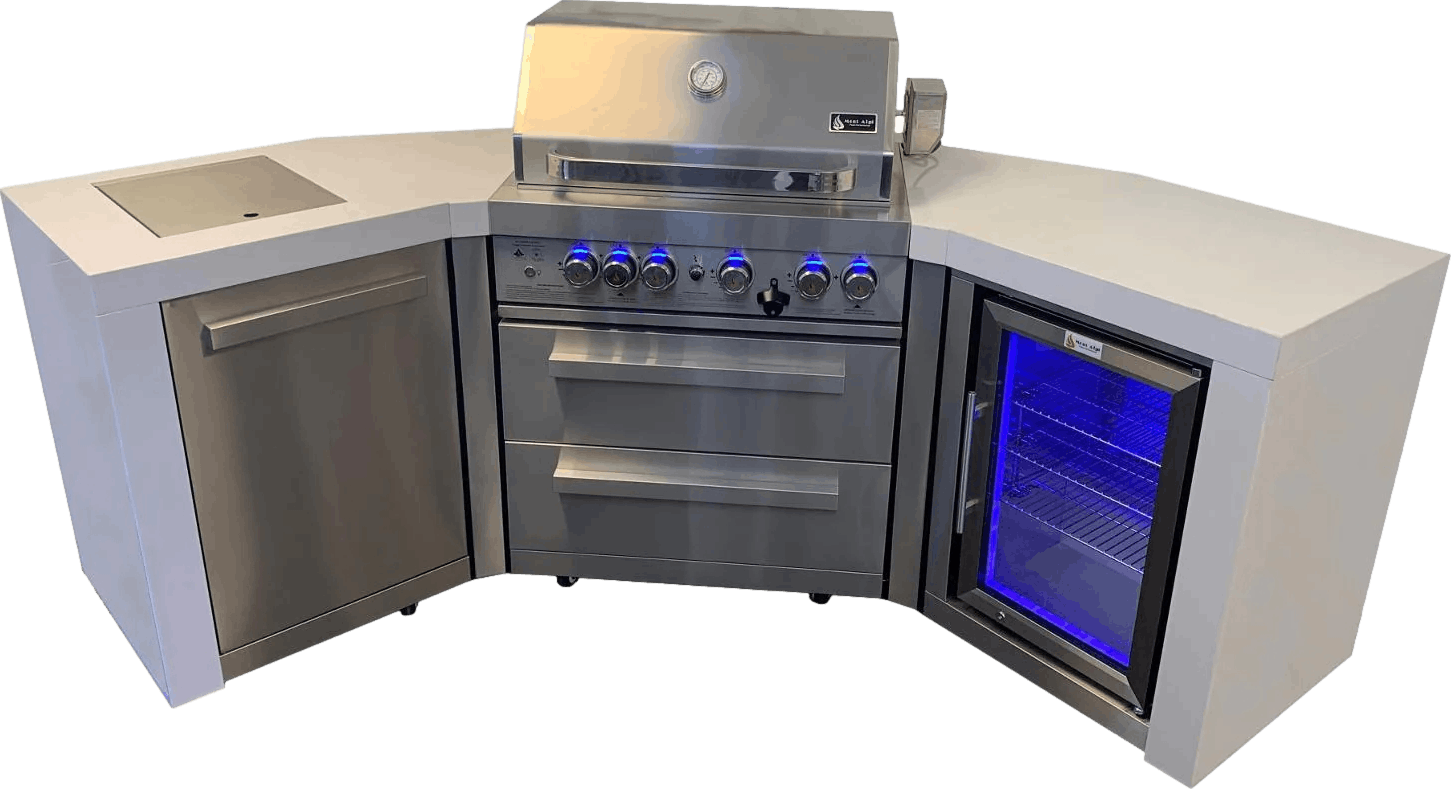 Mont Alpi i400 Deluxe Gas Island Grill with Refrigerator Cabinet, Infrared Side Burner, and Rotisserie Kit · 45 Degree · Propane