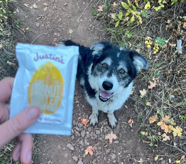 A package of peanut butter on a dirt trail with a dog. 