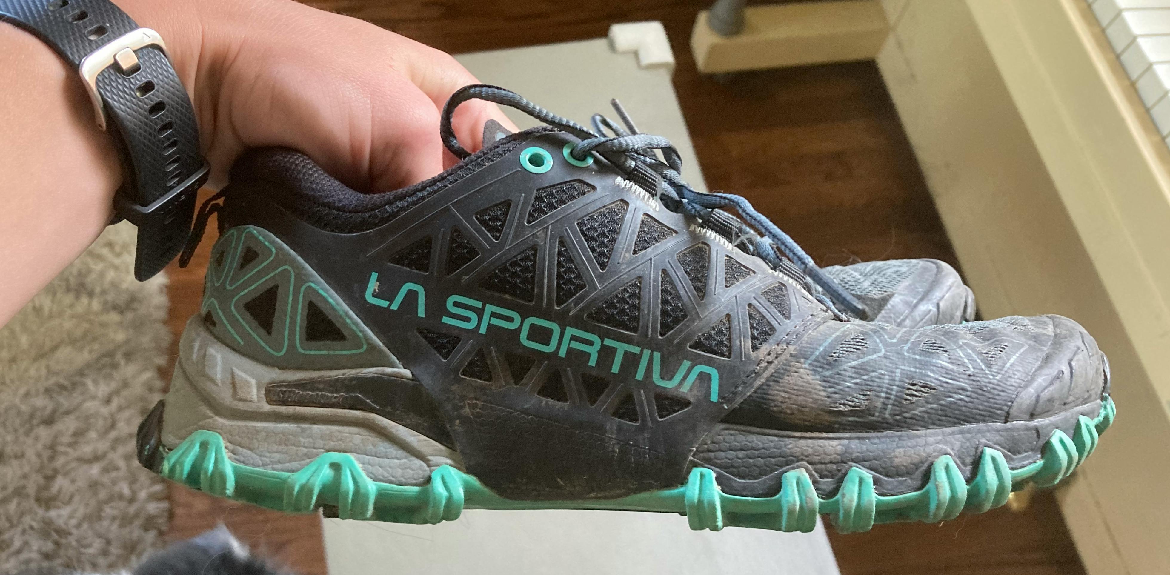 Sides of the La Sportiva Bushido II trail shoes.