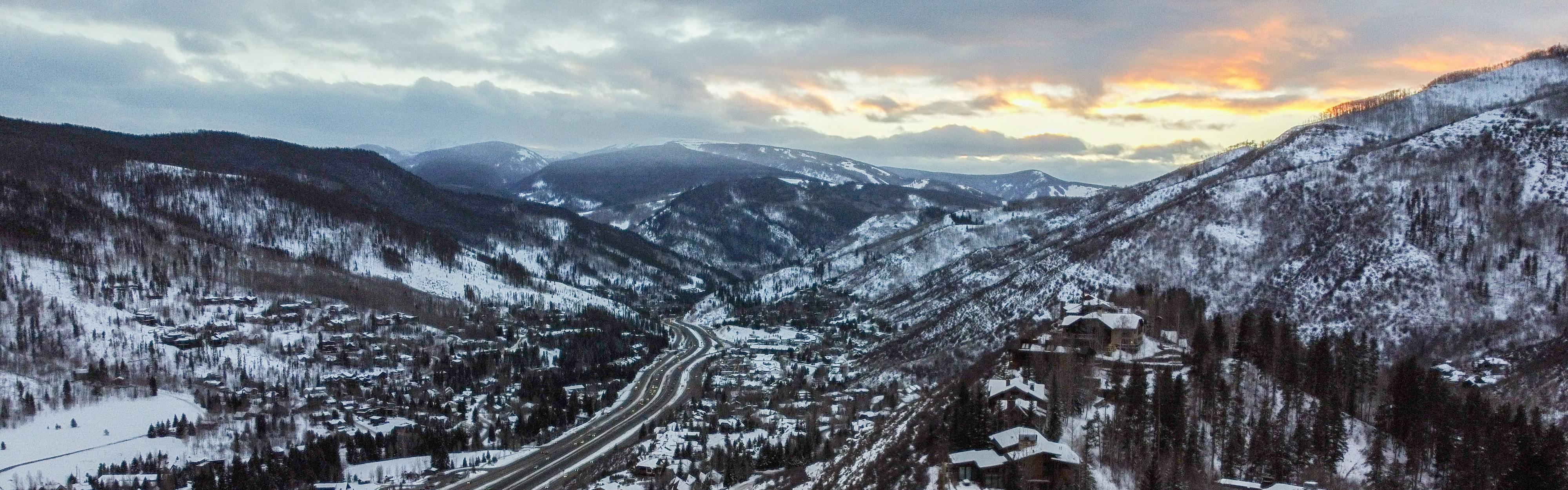 A view of the town and highways stretching through the mountains in Vail. 