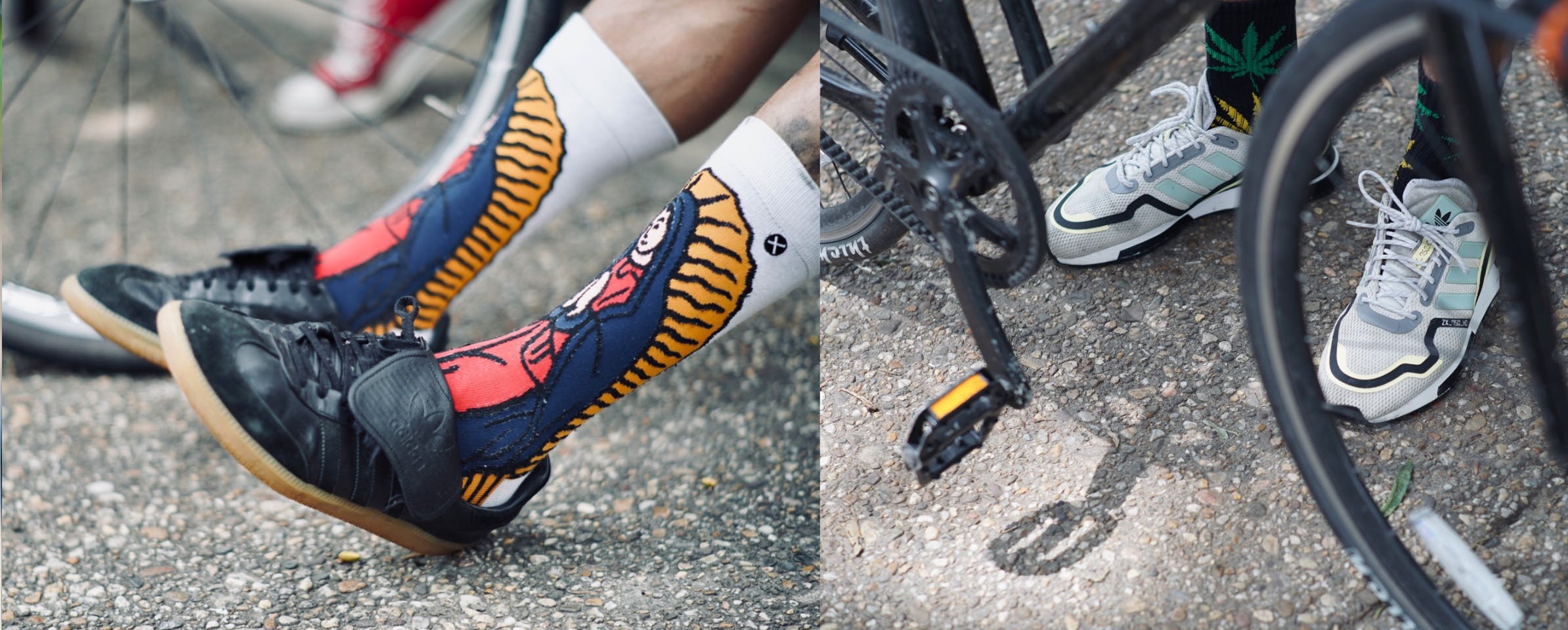 Two photos of bike shoes. 