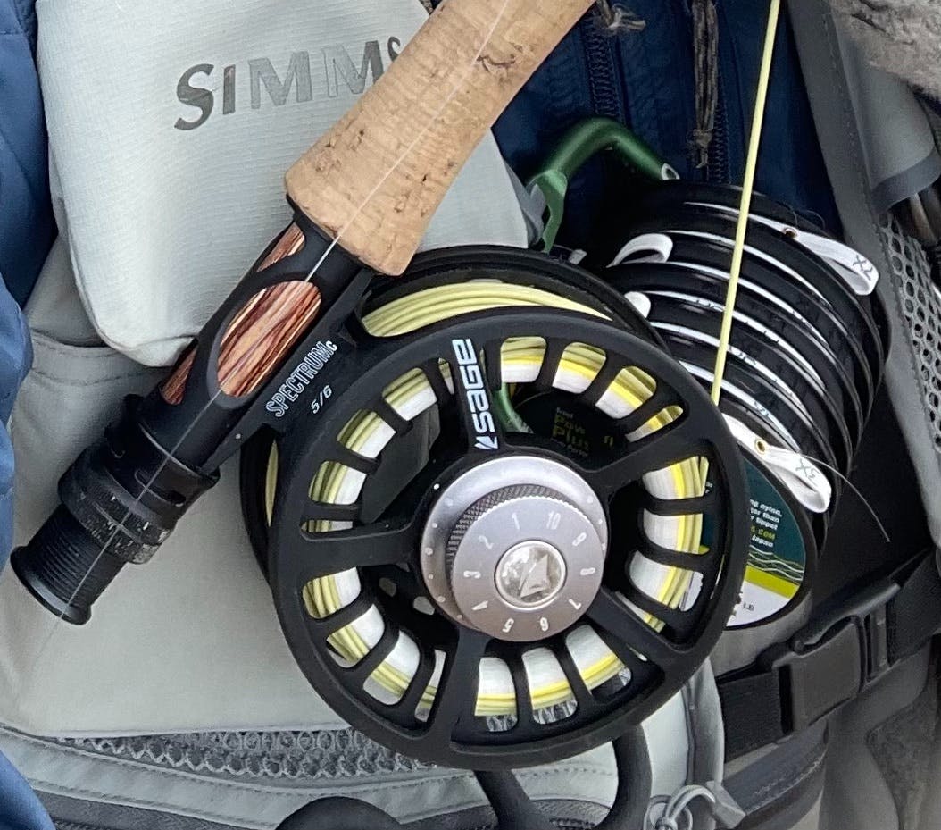 A fly fishing rod with a reel.