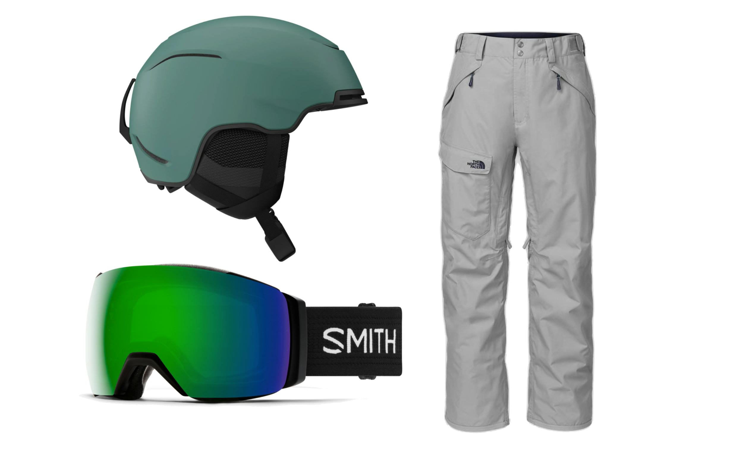 Product images of the Giro Jackson MIPS Helmet, the The North Face Men's Freedom Insulated Pants, and the Smith I/O MAG XL Goggles. 