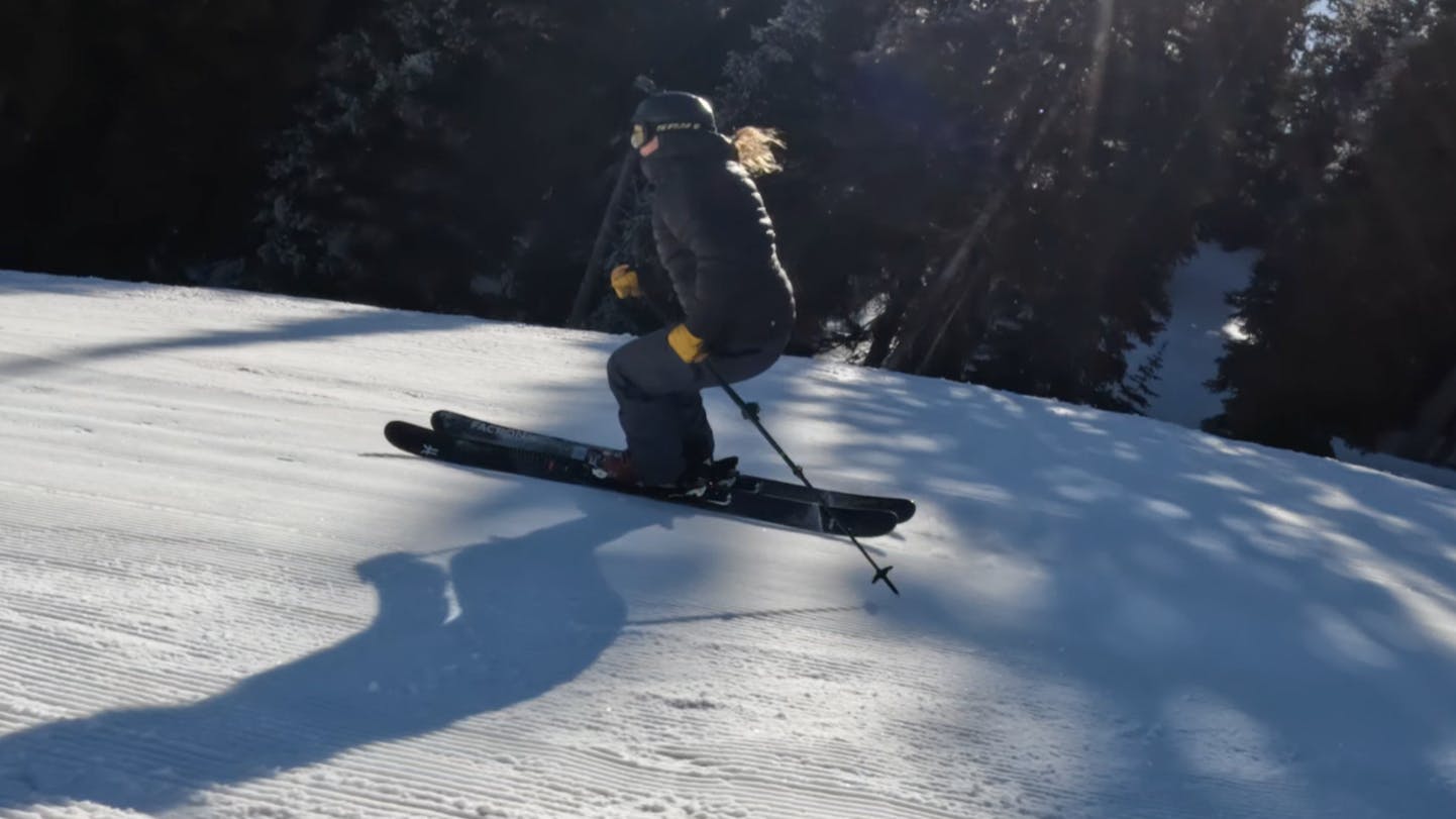 A skier turning on the 2023 Faction Mana 3 Skis.