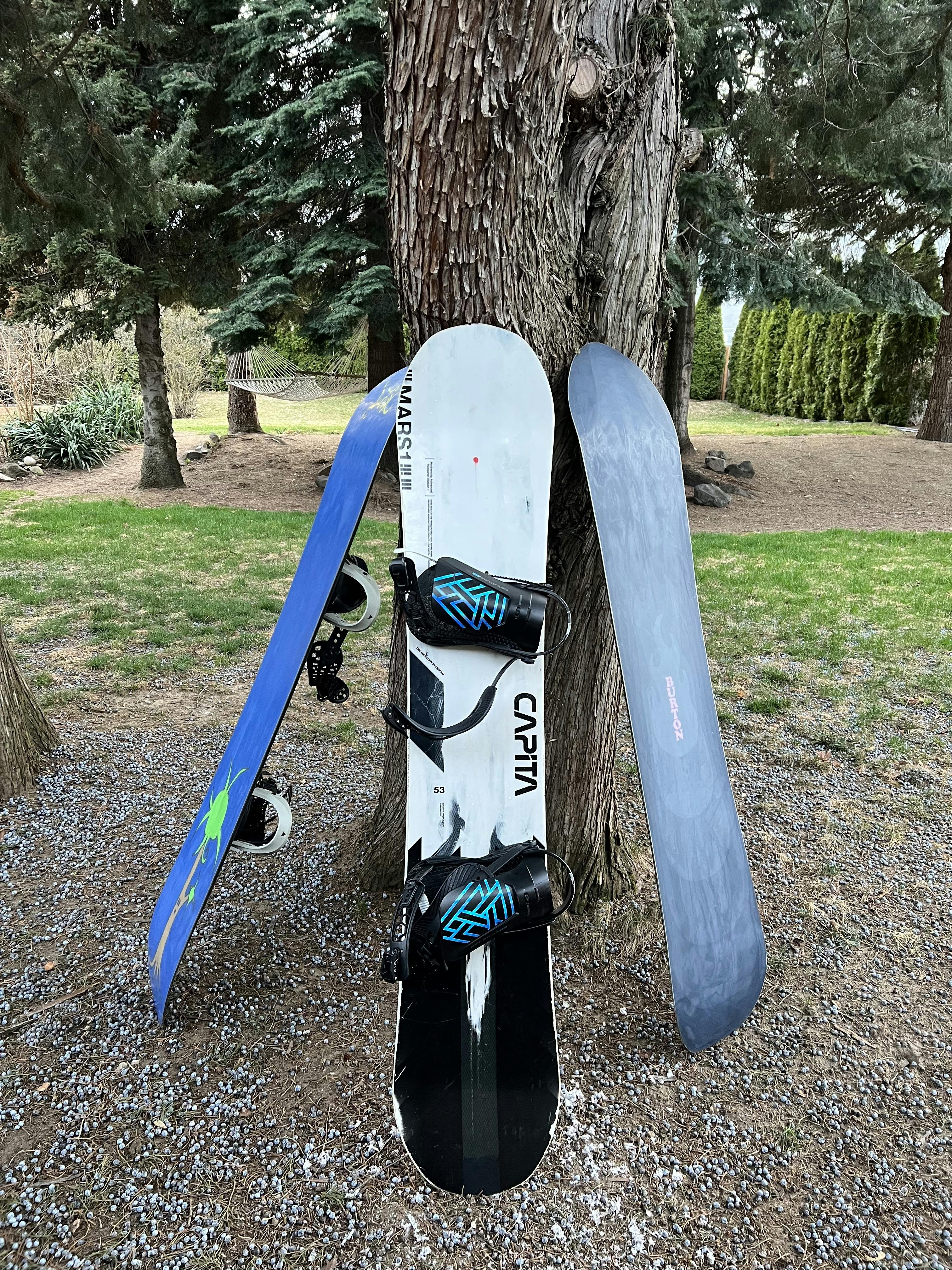 The Atlas Pro bindings on a CAPiTA Mercury board. Both are leaning against a tree.
