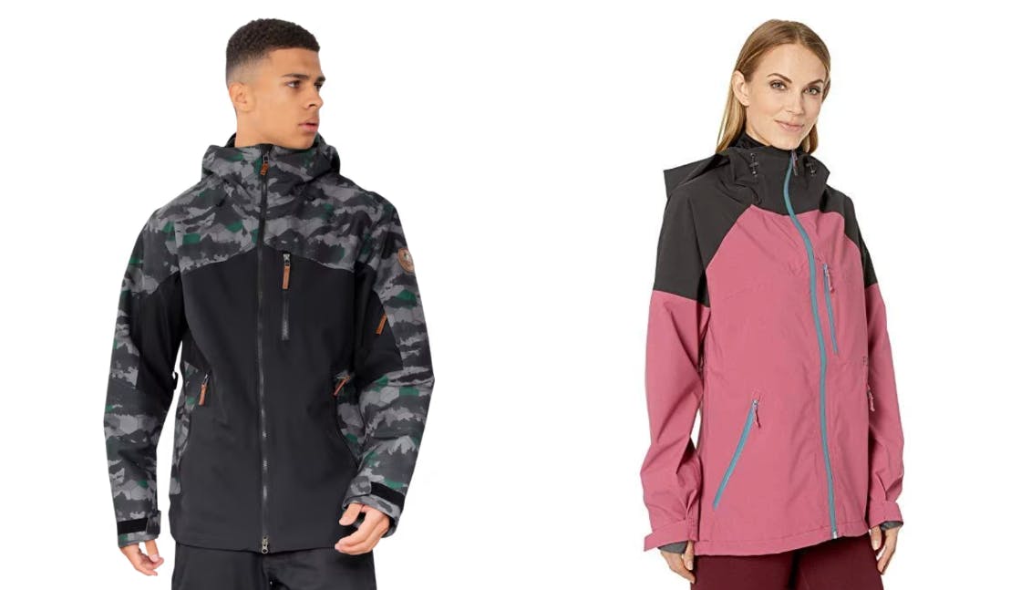 The Obermeyer Men’s Chandler Shell (left) and the Flylow Vixen 2.1 Women’s Jacket (right).