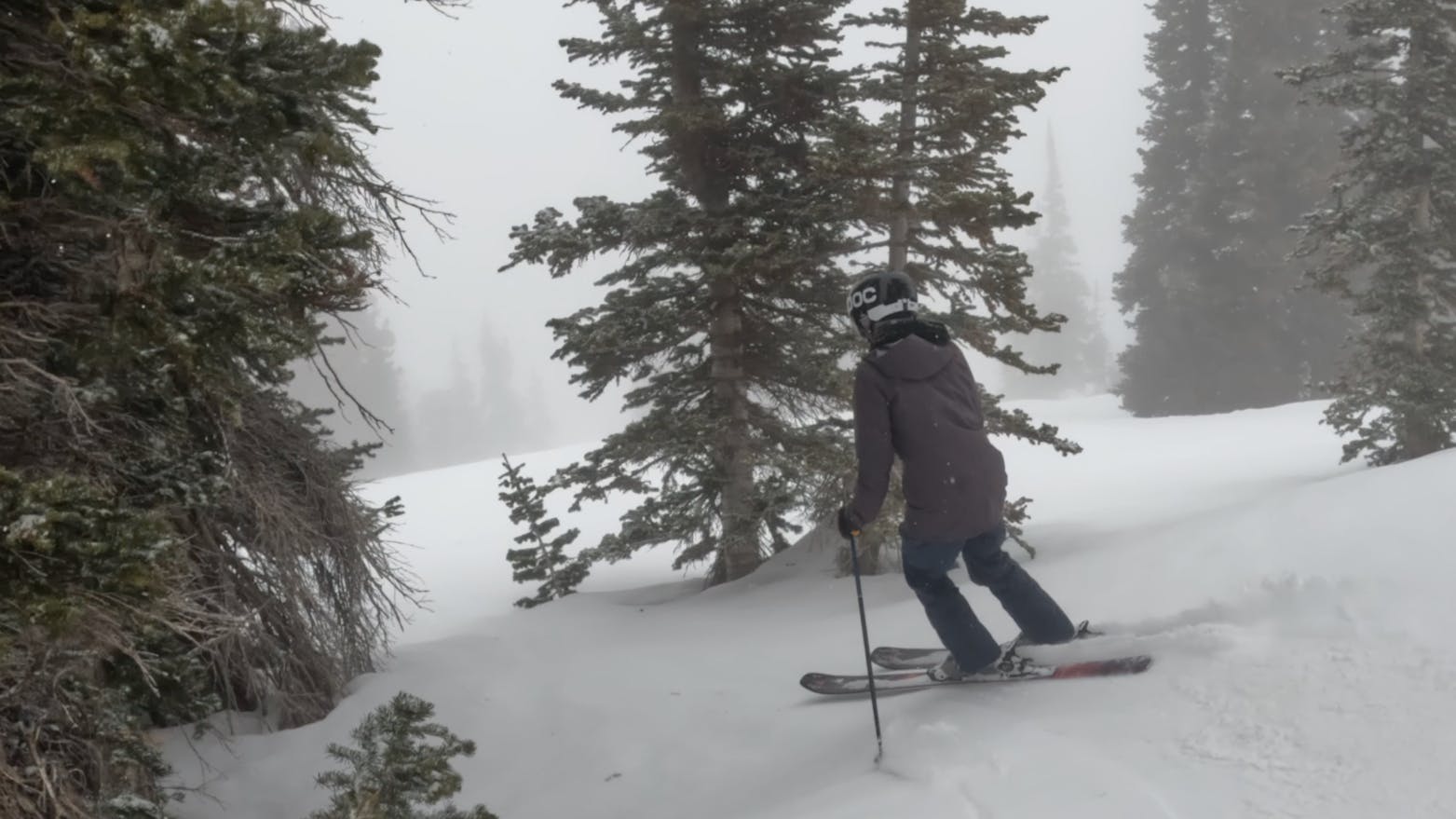Curated Ski Expert Jessica Whittam skiing the 2023 Atomic Maven 86 skis in the trees in foggy conditions