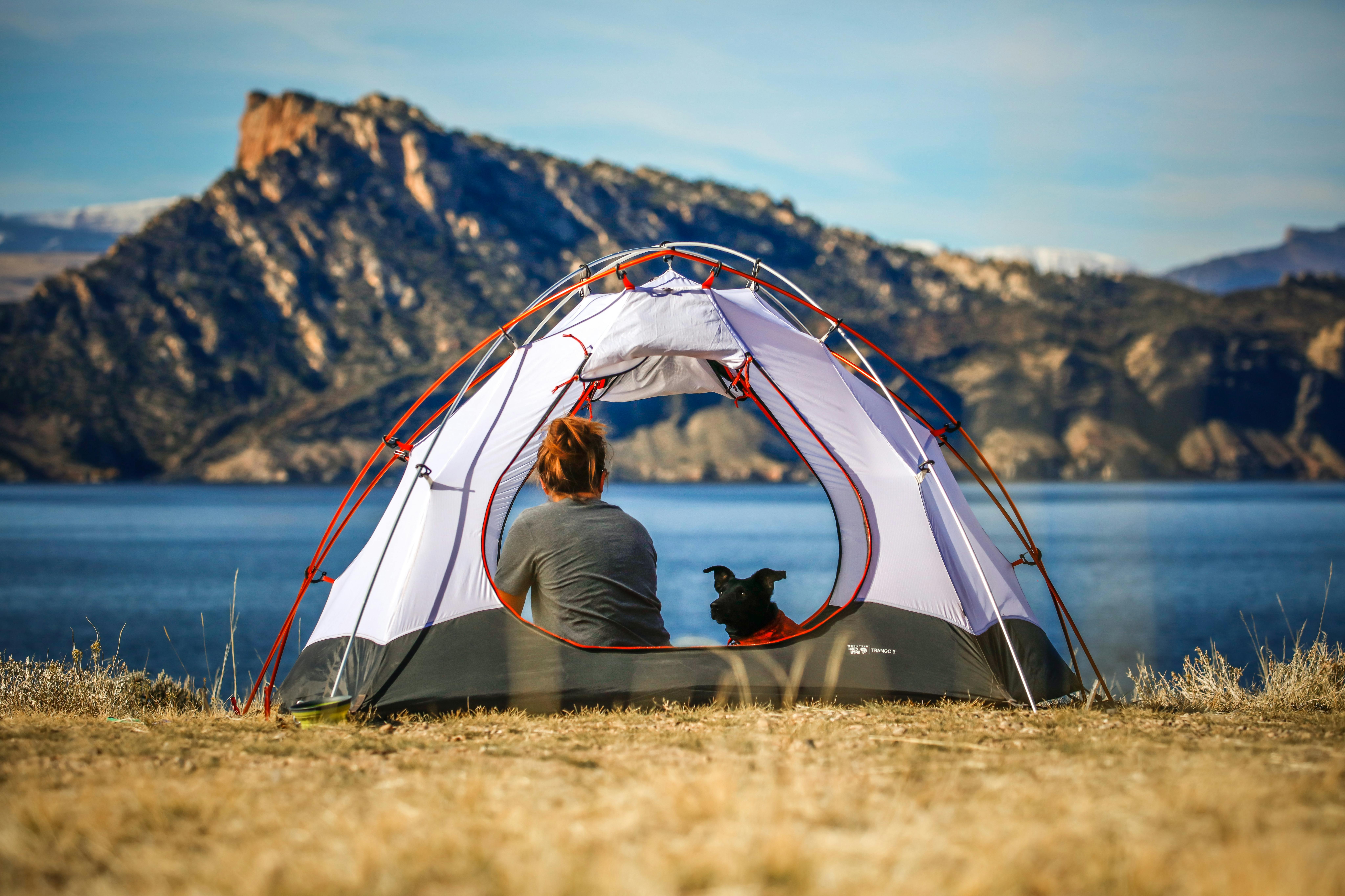 A woman and a dog sit in a white tent and look out at a lake