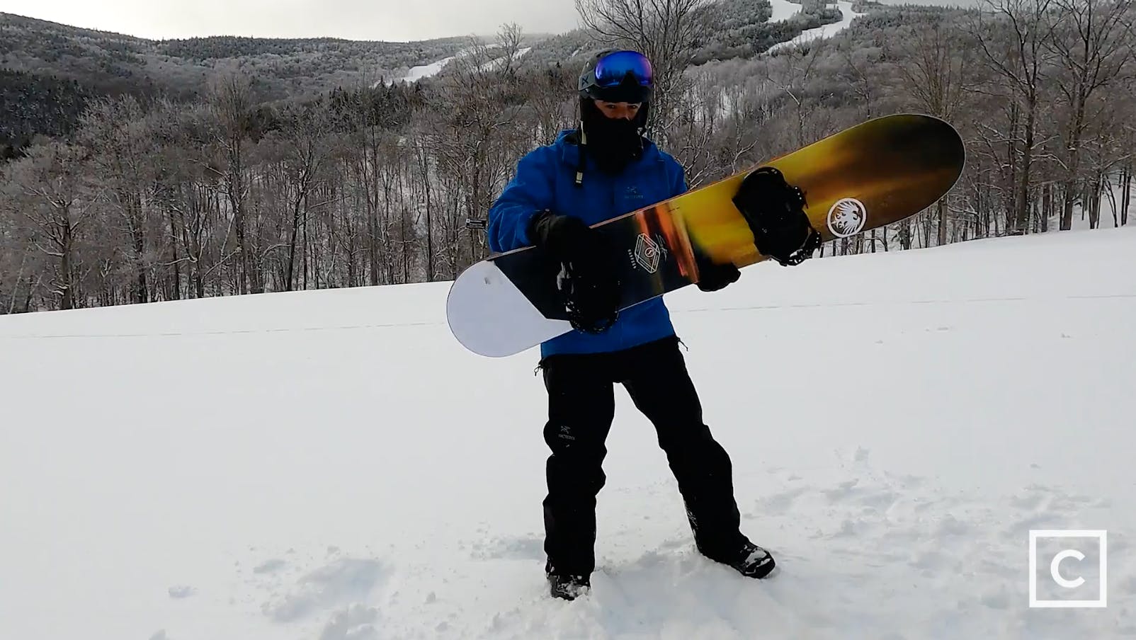 Curated expert Franco DiRienzo holding the Never Summer Harpoon snowboard