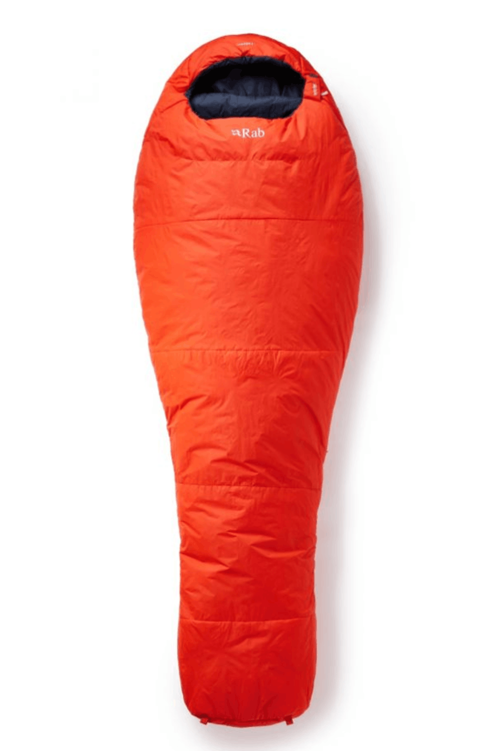 An orange mummy-style sleeping bag with blue lining