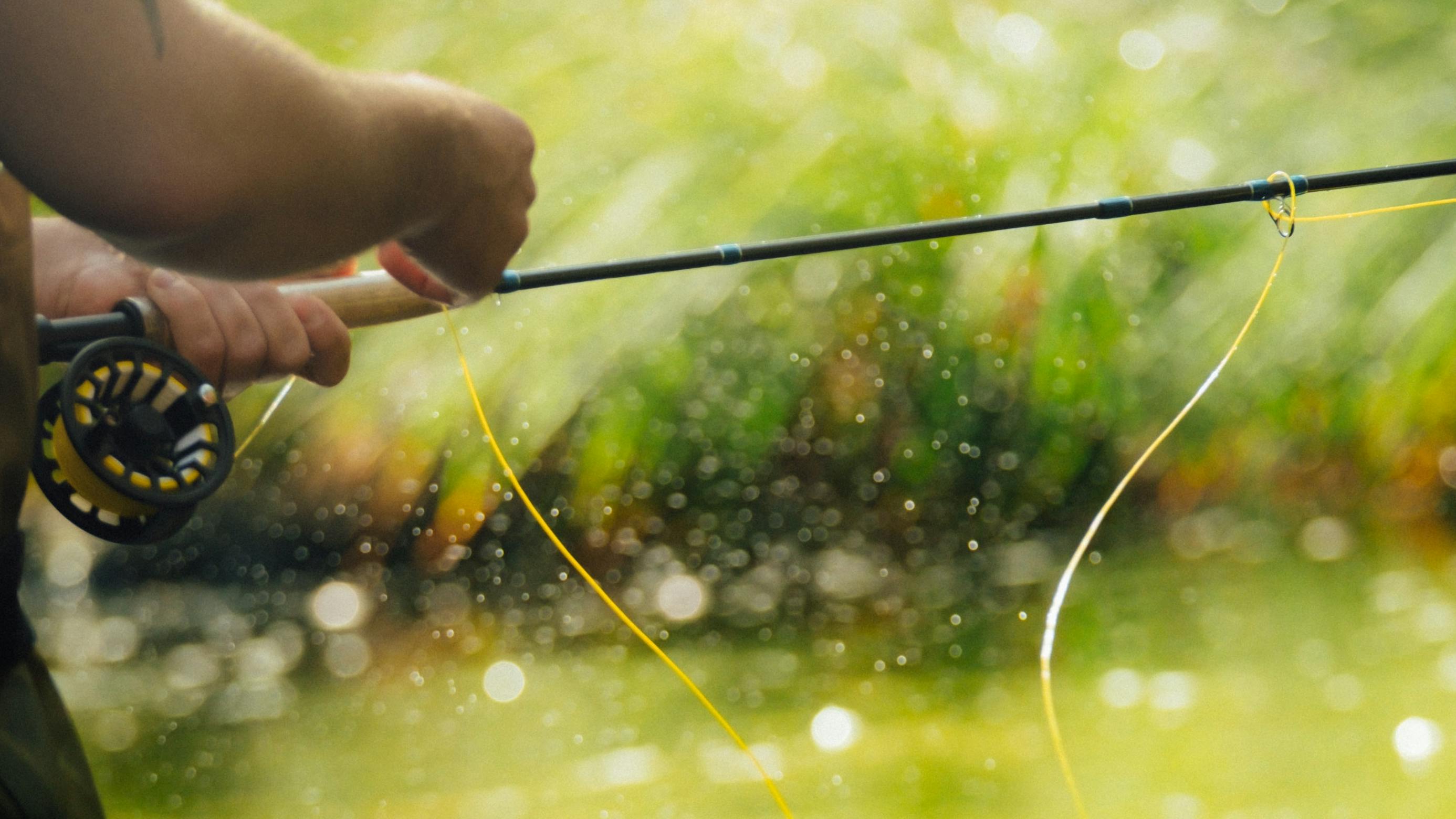 A fisherman holding a fly rod and reel. 