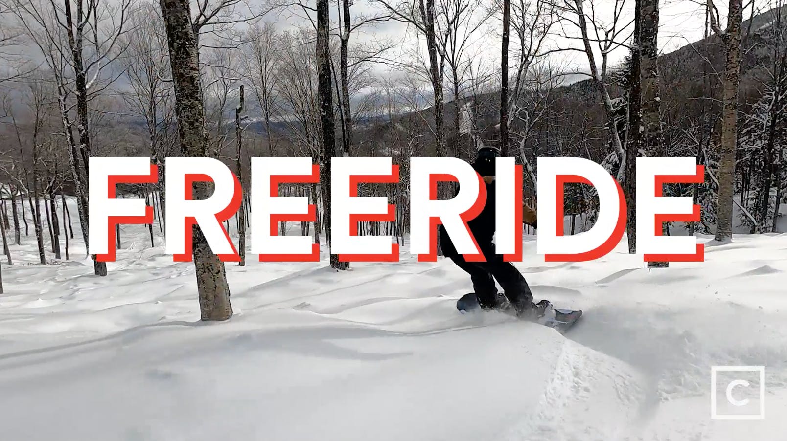 Curated expert Colby Henderson plowing through powder snow on the Lib Tech Orca with a "Freeride" graphic over the image