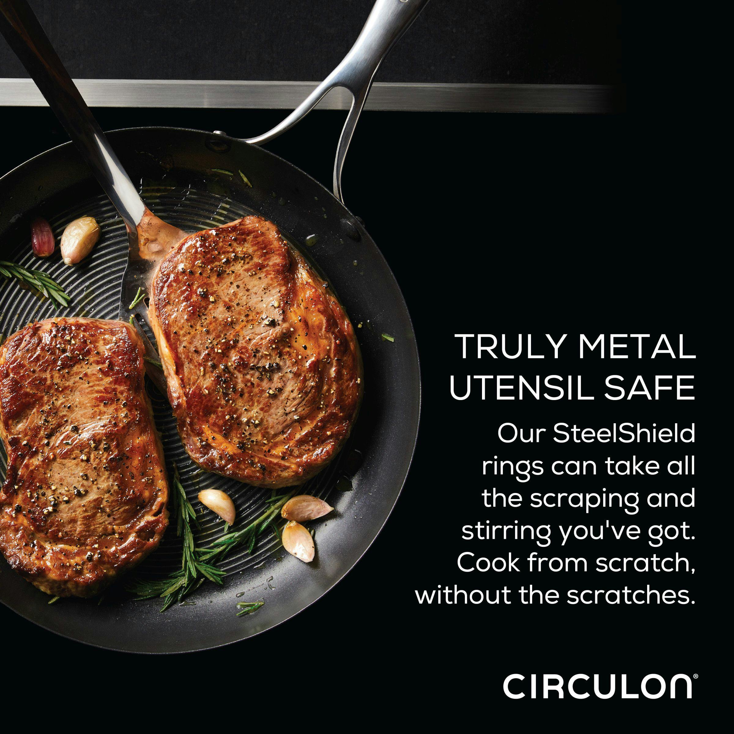 Circulon Stainless Steel Induction Frying Pan with Lid and SteelShield Hybrid Stainless and Nonstick Technology, 12-Inch, Silver