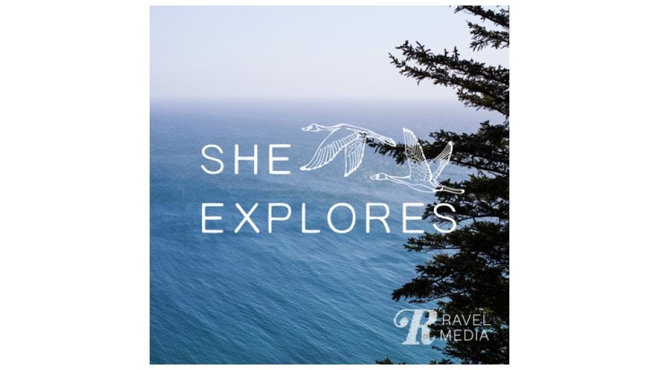 Cover photo of "She Explores". Features a tree and an ocean and a white outline of two geese flying.