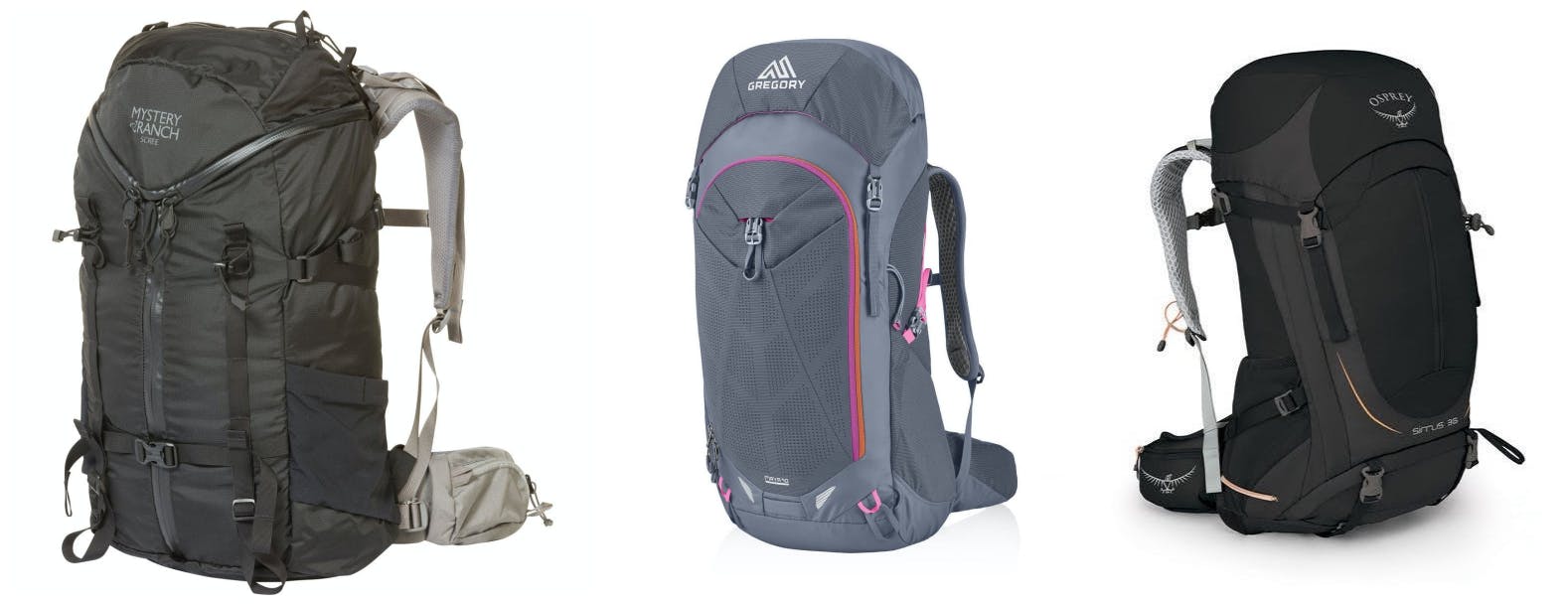Three backpack product photos side by side: two grey packs and a black pack