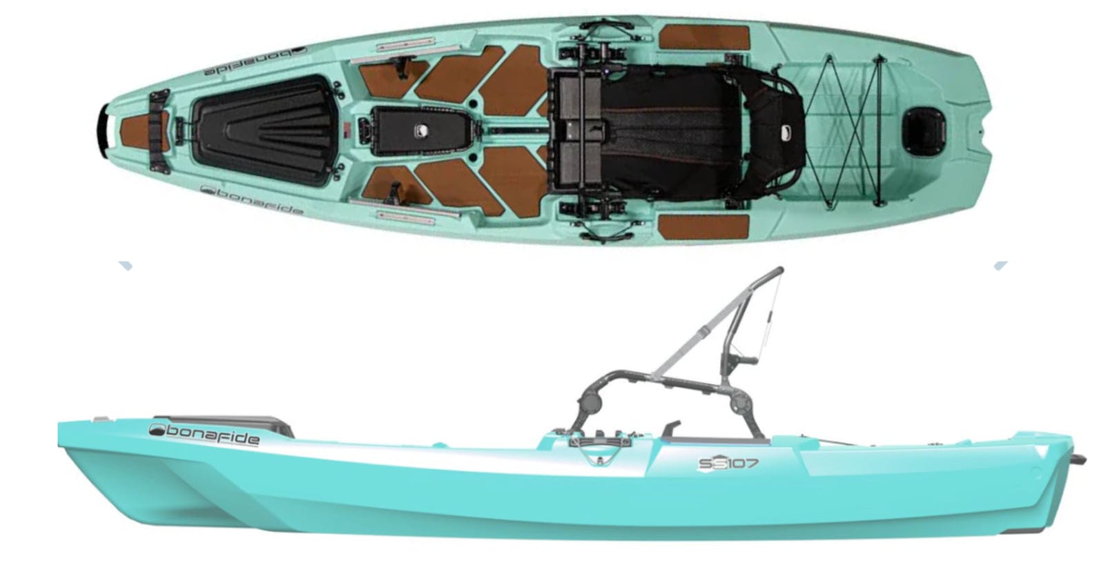 Two views of the Bonafide SS 107 Kayak. One is top down and one is the side view.