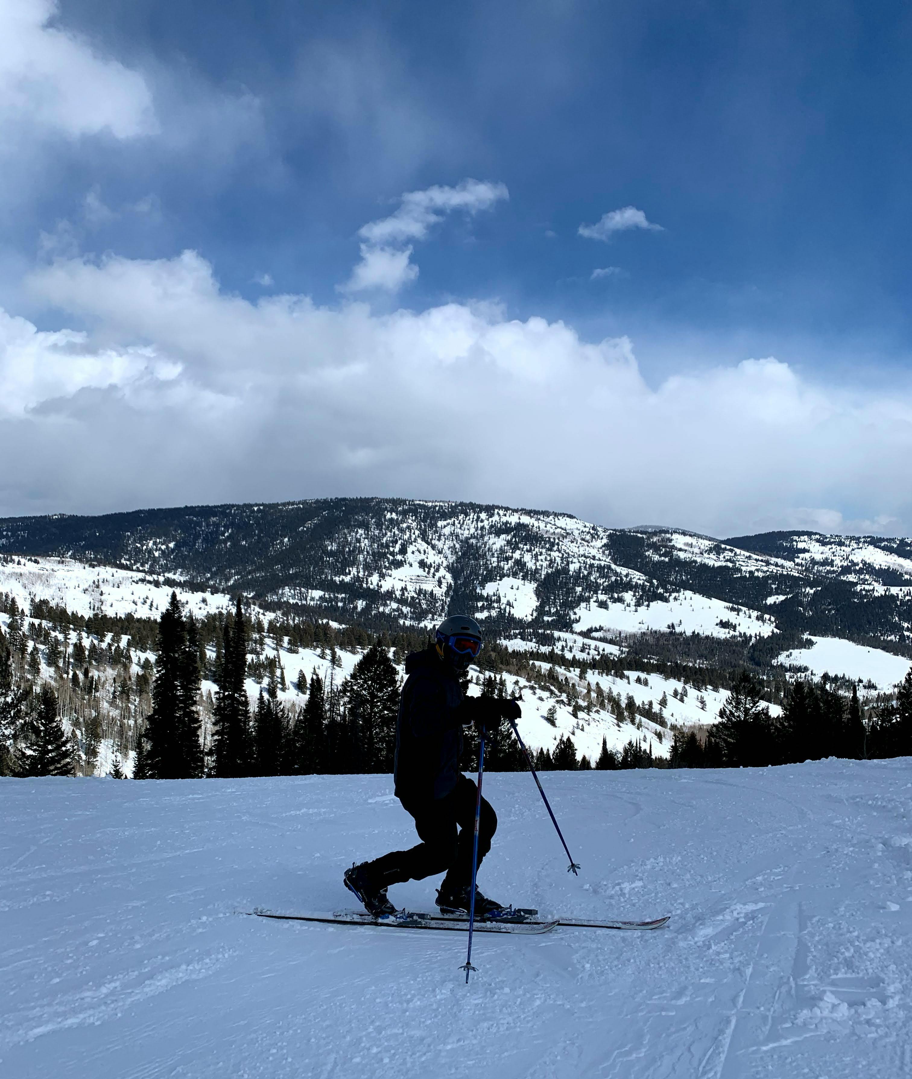 A man smiles at the camera while telemark skiing. 