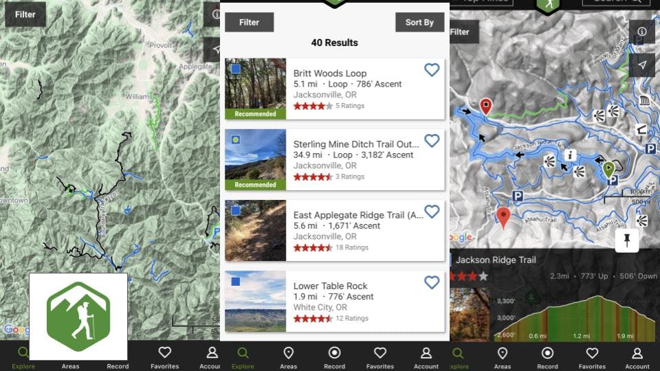 Screenshots from the app "Hiking Project". Includes a map, some examples of hikes with their ratings and difficulties, and an overview of an example hike showing area, the map, and elevation profile.
