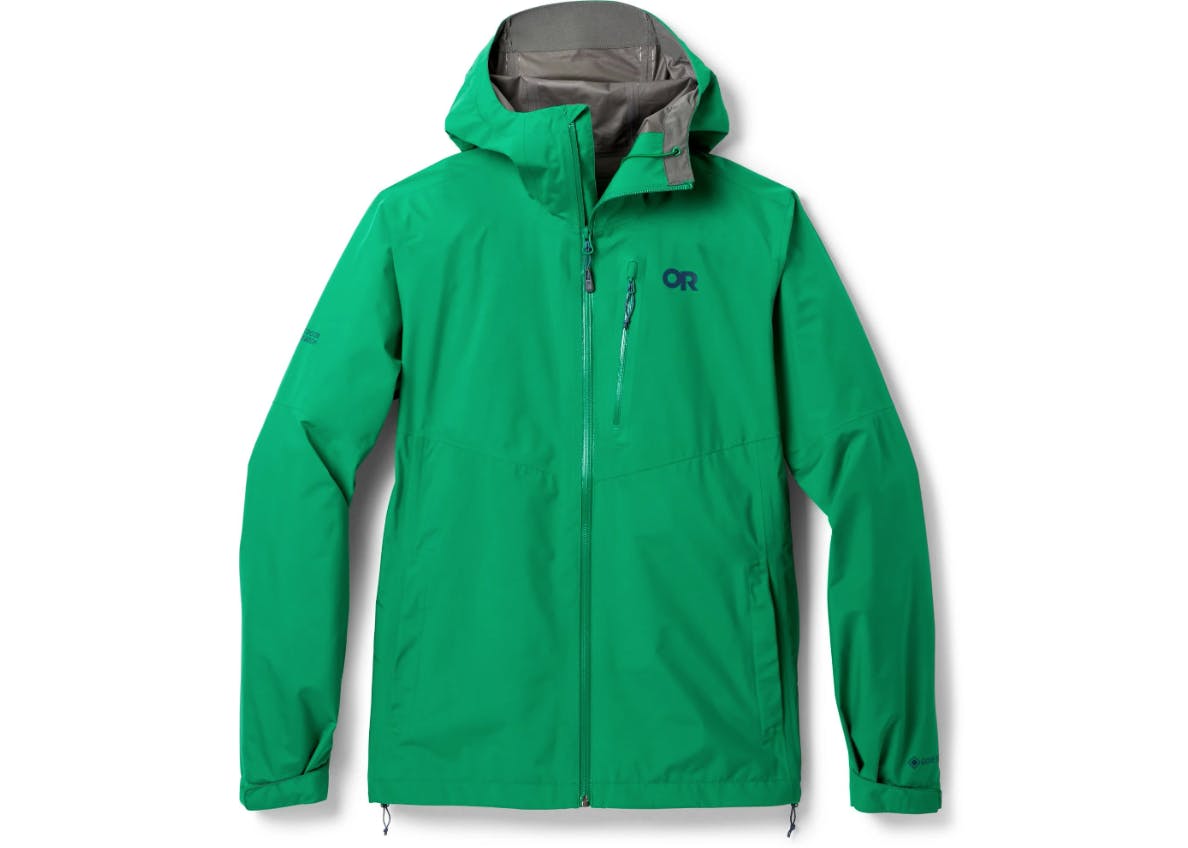 The Outdoor Research Apollo Rain Jacket in sprout green color. 