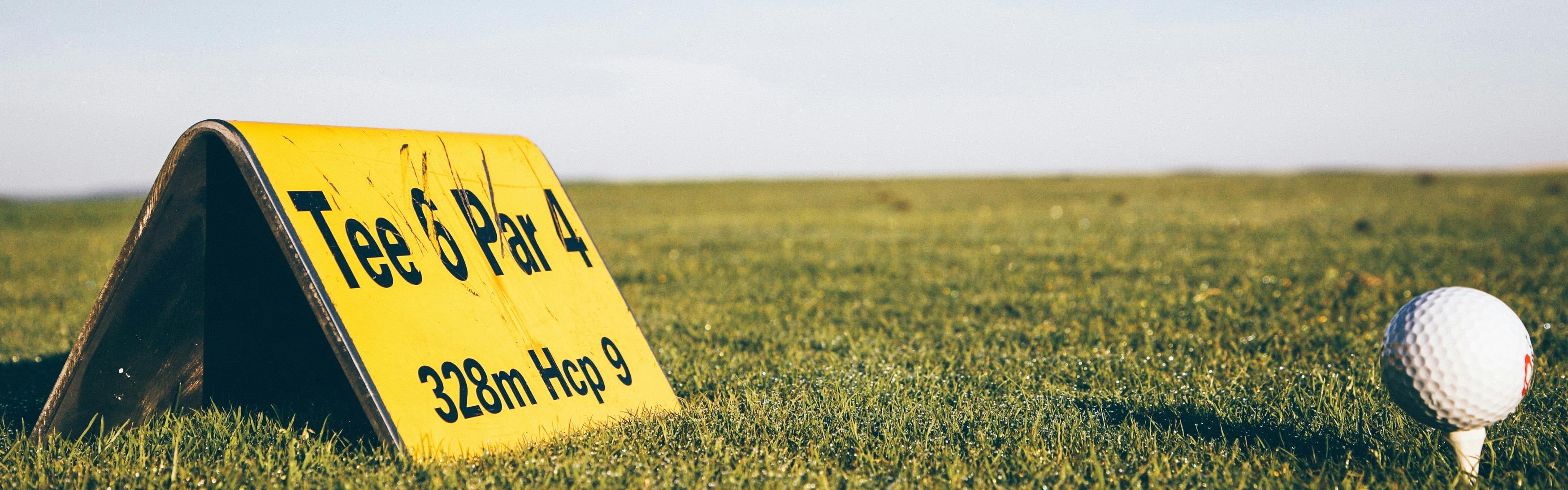 A sign describing a tee and par sits on the grass