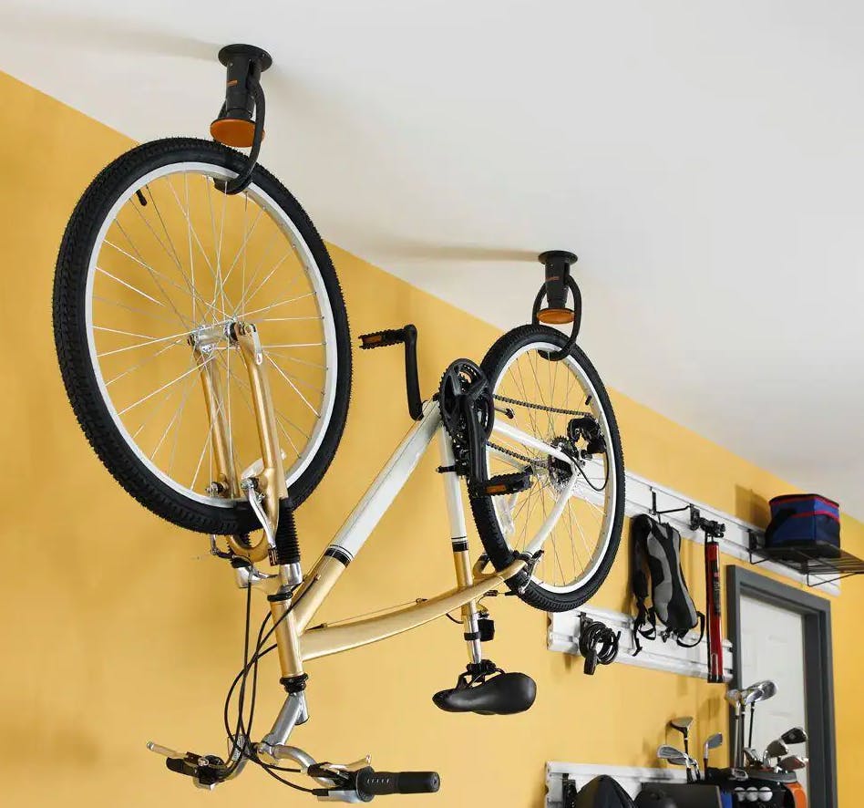 A double hook ceiling mount using the Advanced Ceiling Mount Claw Bike Hook.