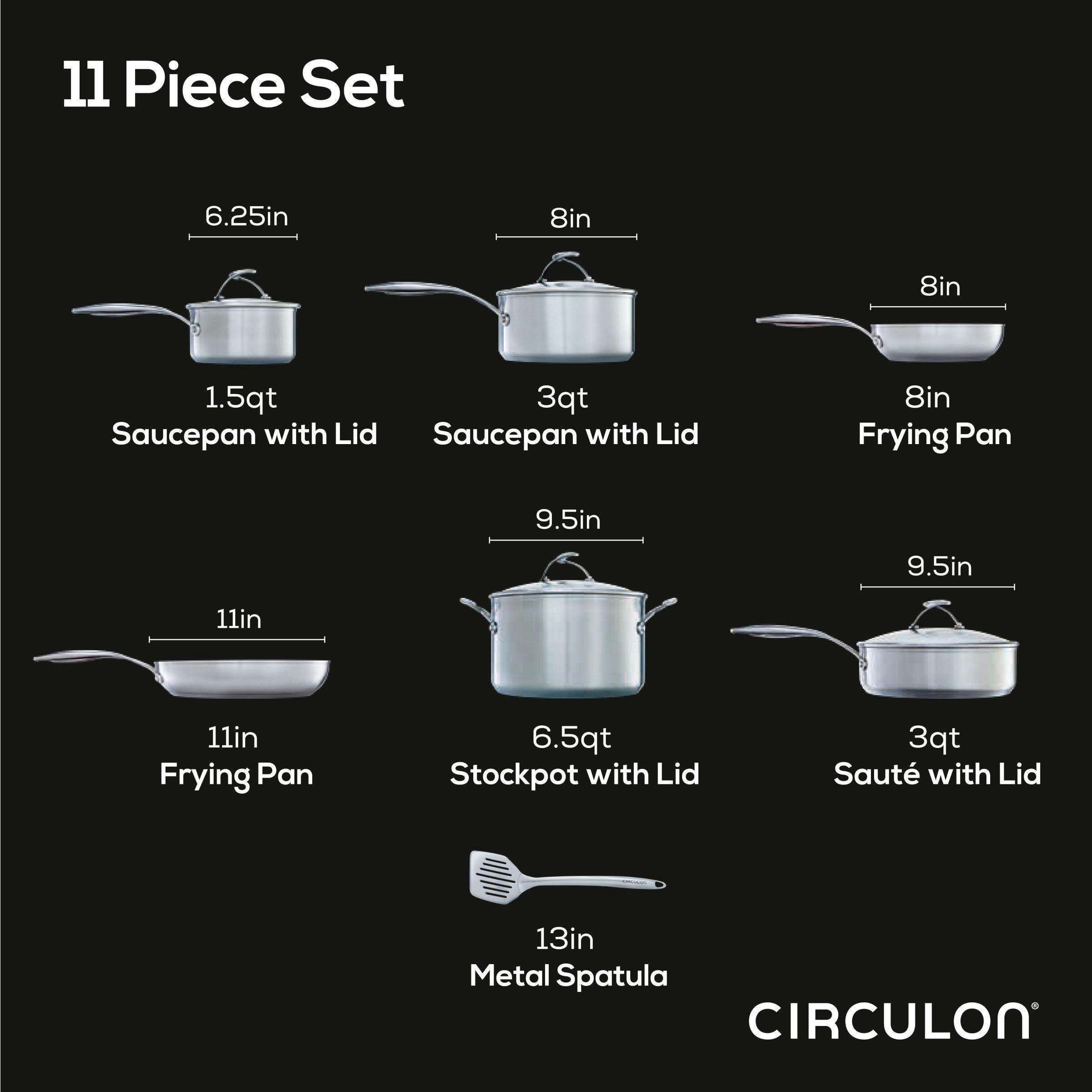 Circulon Stainless Steel Induction Cookware Set with SteelShield Hybrid Stainless and Nonstick Technology, 11-piece, Silver