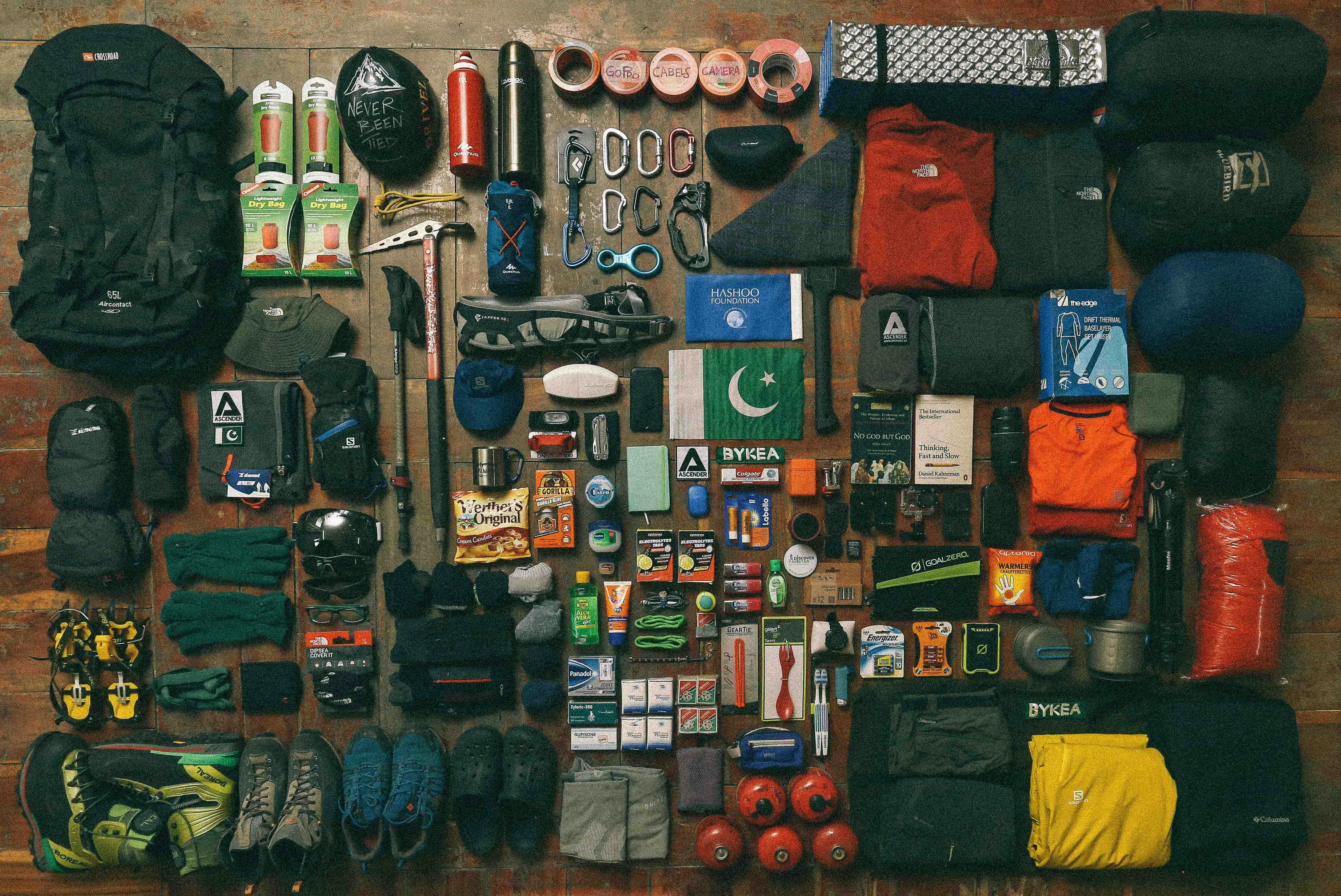 A layout of a variety of camping gear arranged neatly in a rectangle