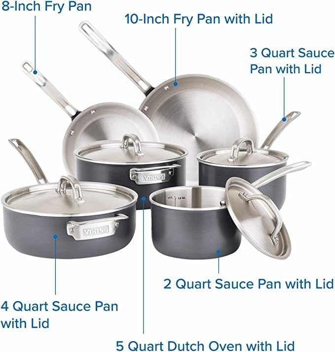 Viking 5 Ply Hard Anodized 10pc Cookware Set with Stainless Interior & Aluminum Core