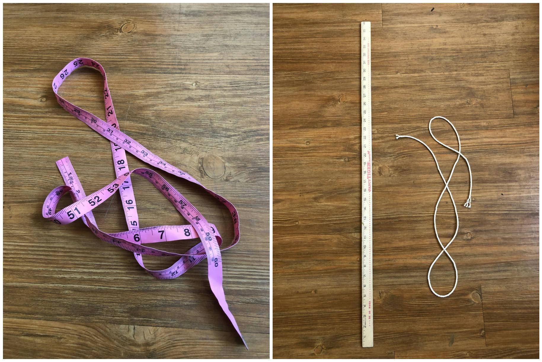 Two side by side photos: a pink measuring tape and a ruler with string next to it
