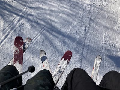 Top down view of a skiers pants.