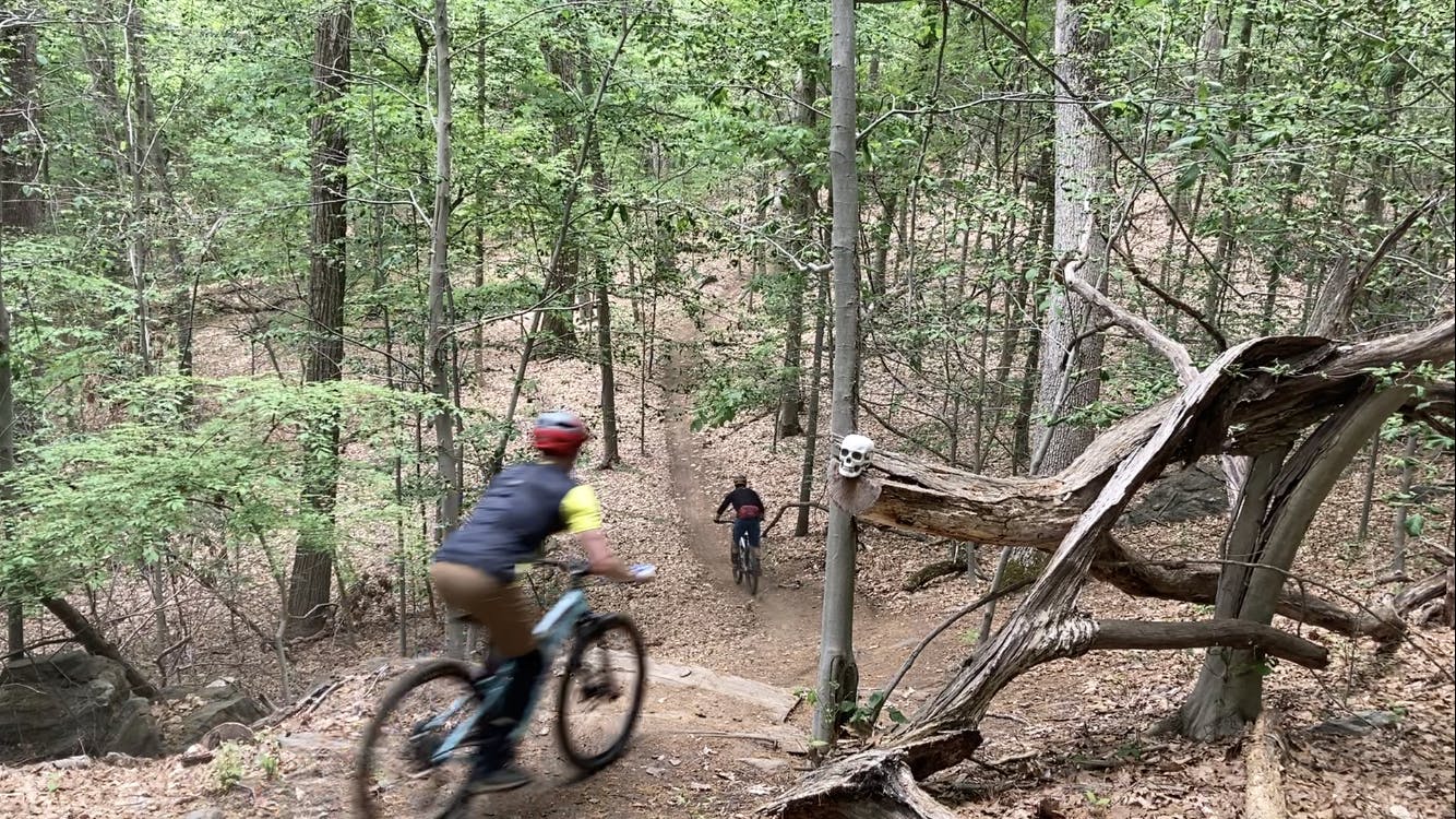 A biker bikes down a mountain bike trail. 