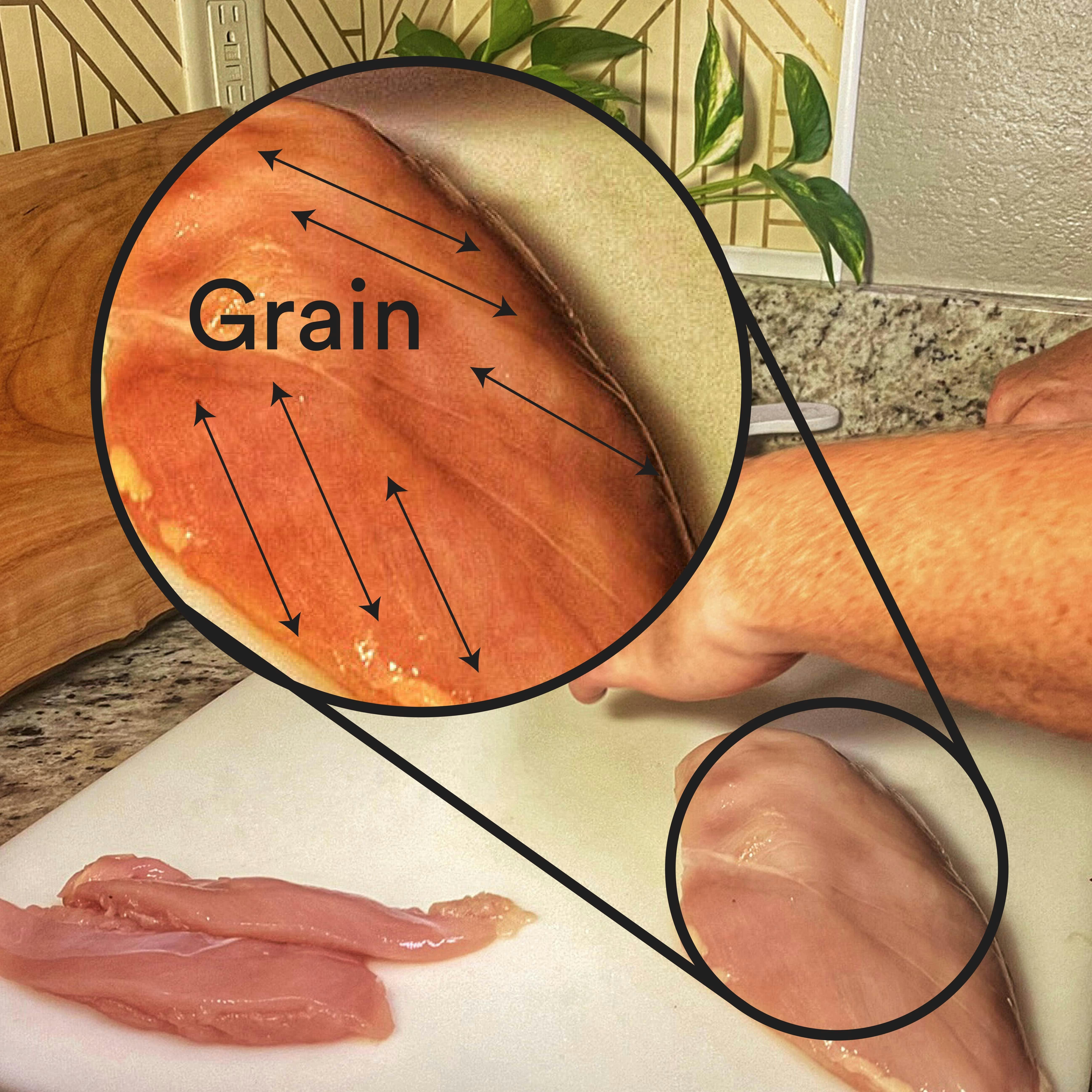 The grain of a chicken breast