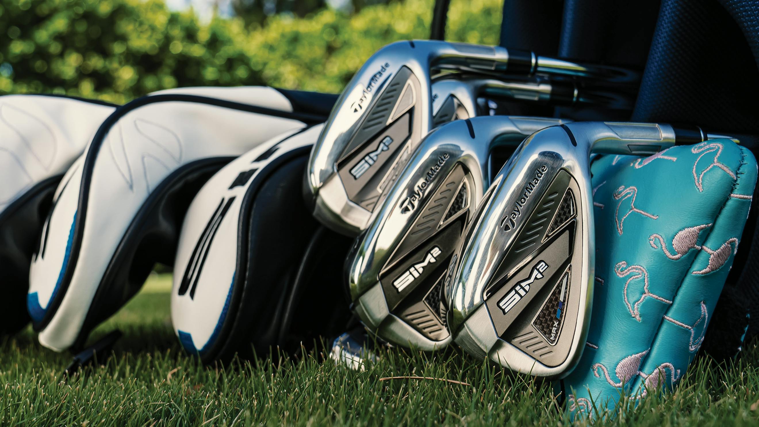 A golf bag lies on its side in the grass and the clubs are visible—some in headcovers, some not.