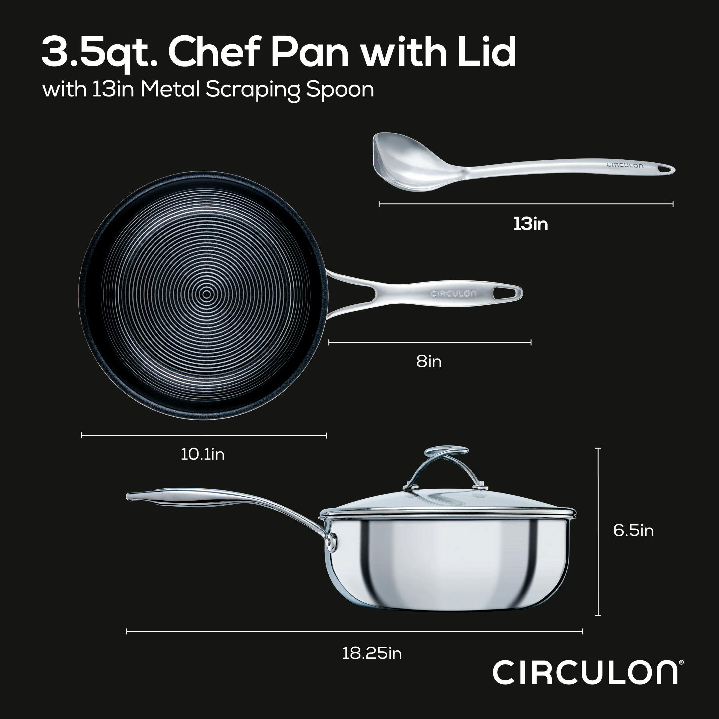 Circulon Clad Stainless Steel Induction Chef Pan and Utensil Set with Hybrid SteelShield and Nonstick Technology, 3-Piece, Silver