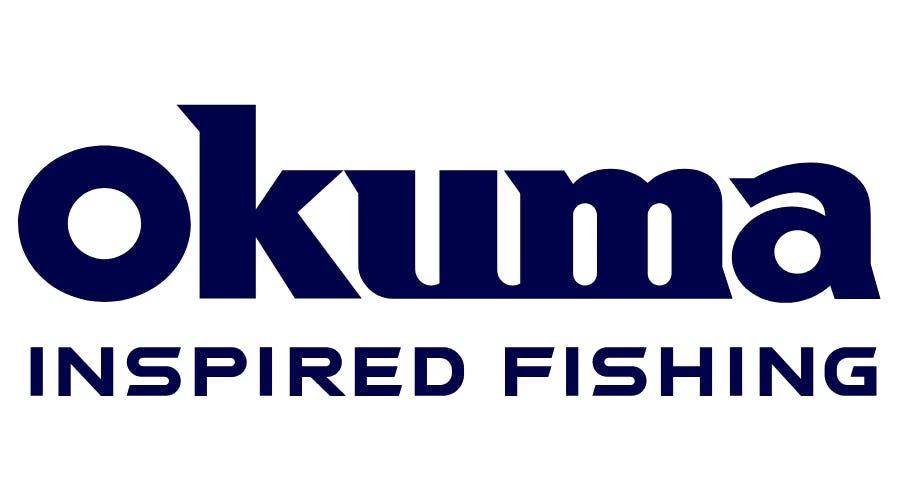 The Okuma logo reads "Okuma" with "Inspired Fishing" below the text. The font is dark blue. 