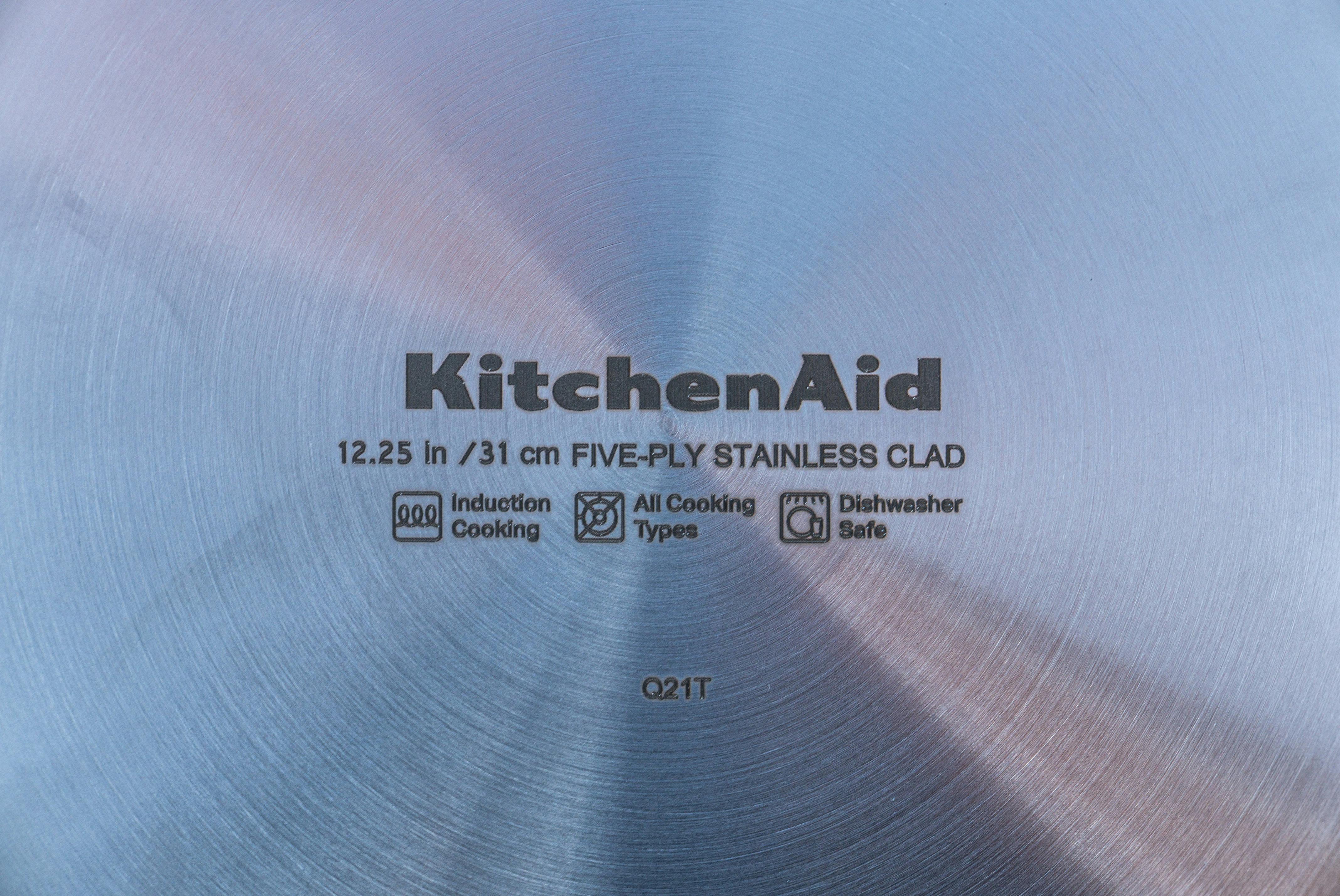 Bottom of the KitchenAid 5-Ply Clad Stainless Steel Induction Frying Pan, 10-Inch, Polished Stainless Steel.