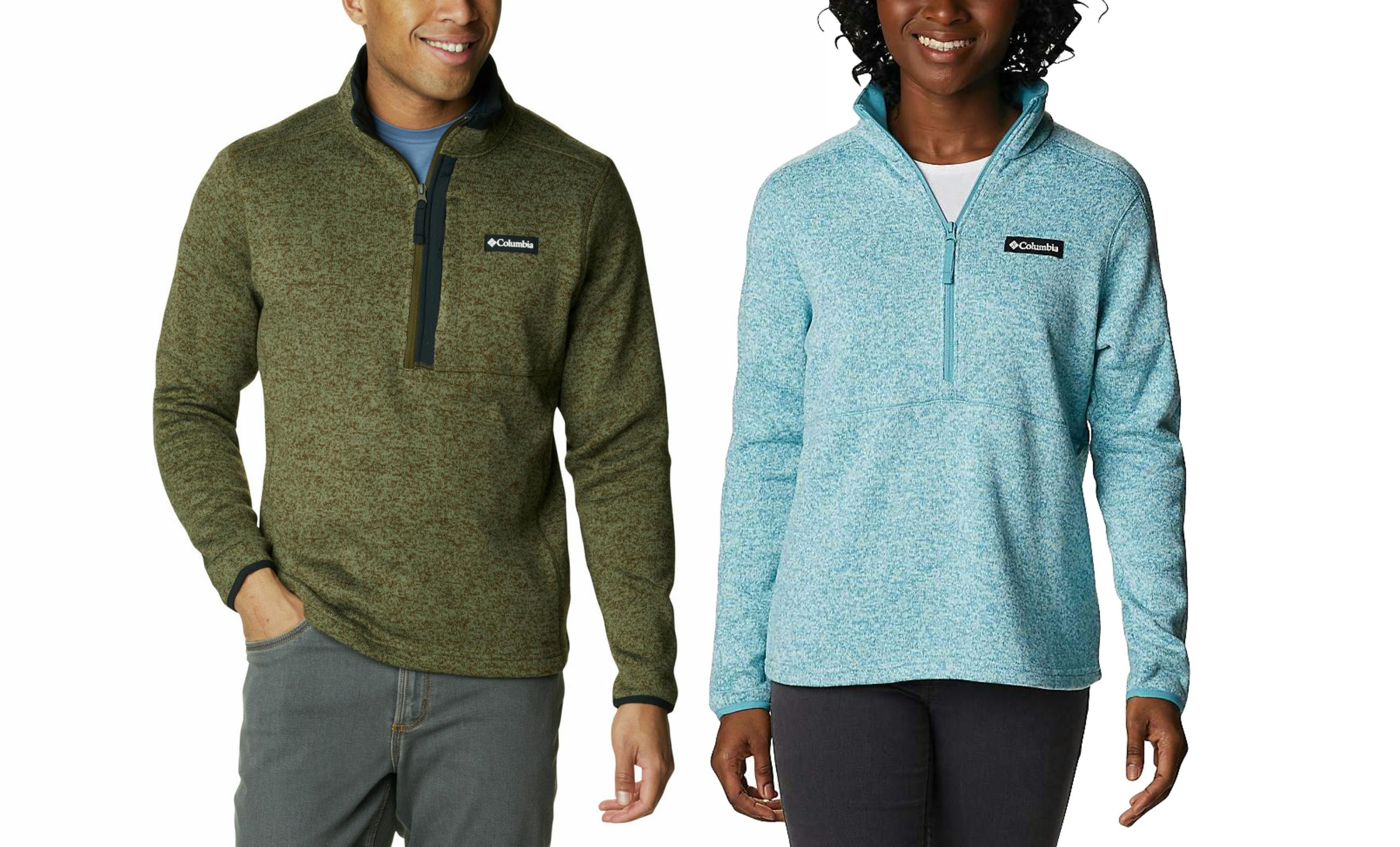 Product pictures of the men's and women's versions of the Columbia Sweater Weather Half-Zip. 