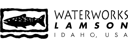 The Waterworks Lamson logo which reads "Waterworks Lamson. Idaho, USA" next to a hand-drawn image of a fish in a square above a squiggle of water. 