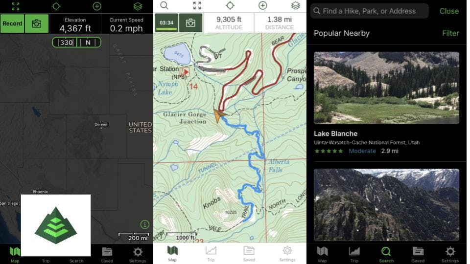 Screenshots from the app "Gaia GPS". Includes a map, an elevation and speed tracker, and some suggestions for nearby hikes.