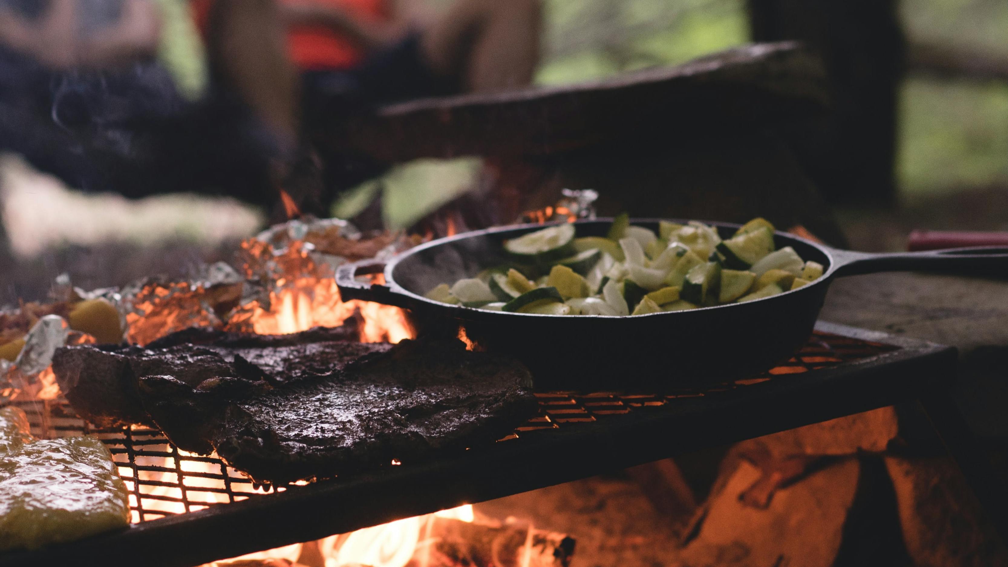 One pan with vegetables in it over a grate on a campfire. There are also some meats on the grate. 