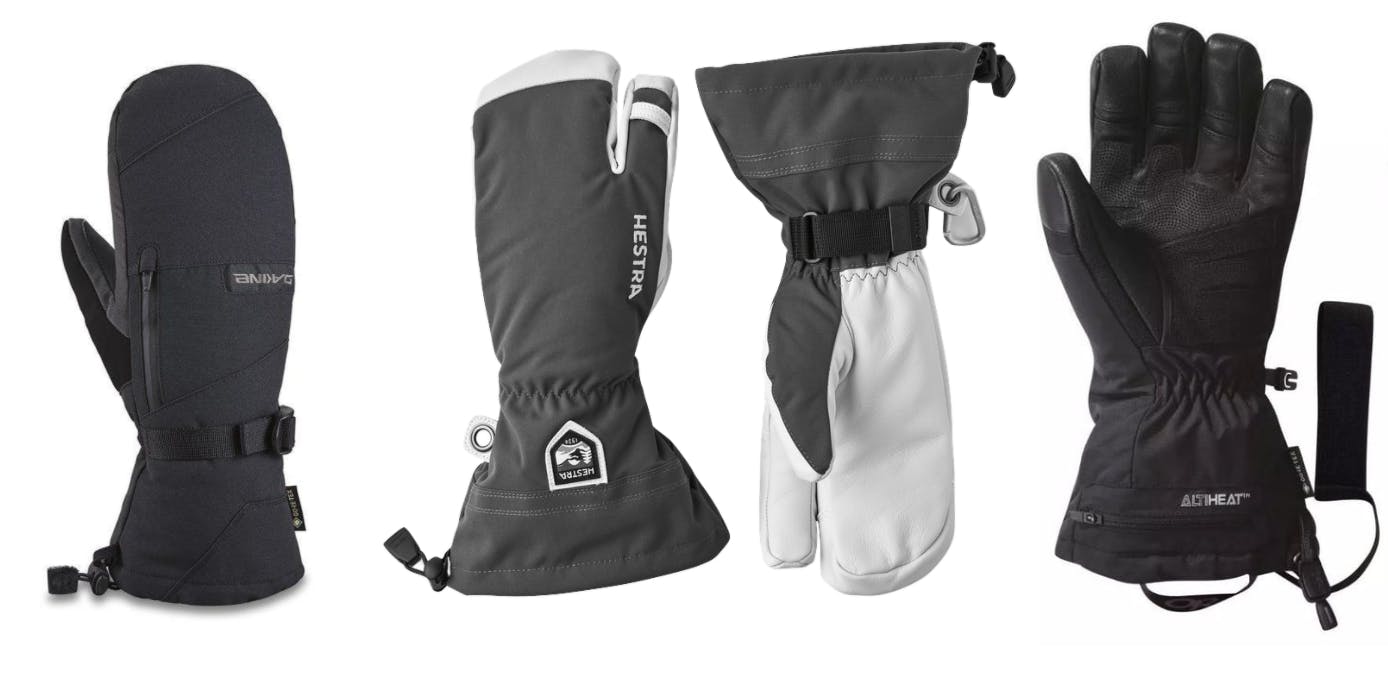 Product images of the Dakine Titan mitten, the Hestra Heli three-finger gloves, and the Outdoor Research Lucent heated sensor glove.