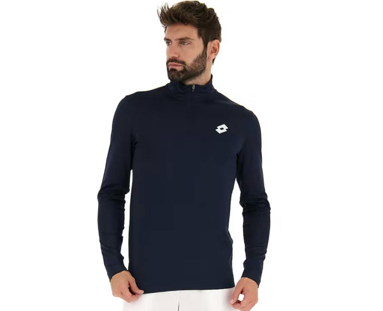 A man wearing the Lotto Core Sweat Half Zip in the color Navy Blue.
